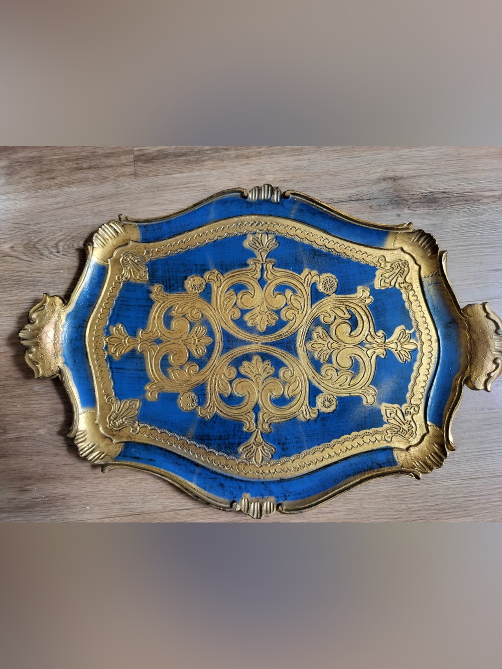 Vintage Italian Florentine Wood Serving Tray Large 18x13 Blue Gold Gilt Baroque